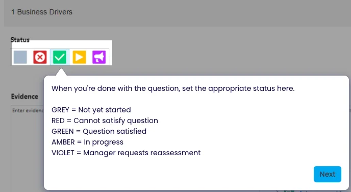 Plan2Close question status guide: not started, unsatisfied, satisfied, in progress or reassessment requested.