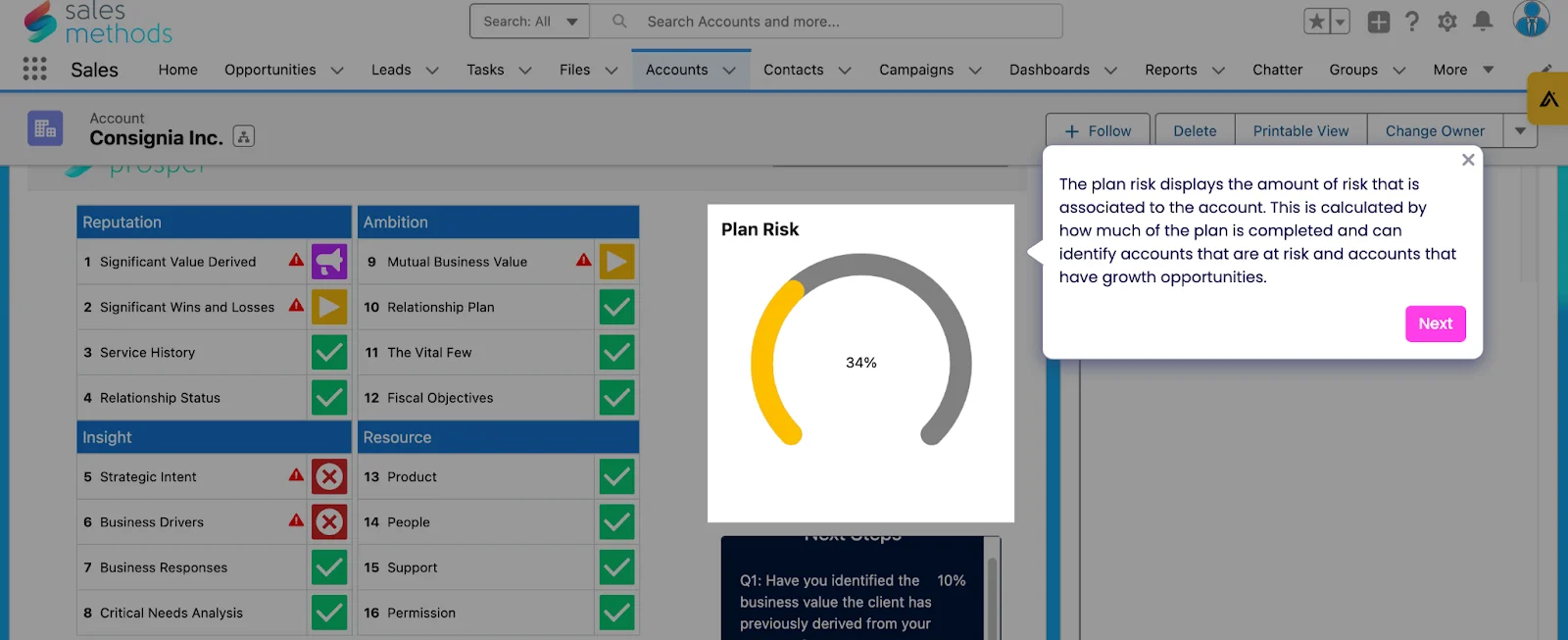 Plan2Prosper plan-risk indicator highlighting incomplete account-planning evidence.