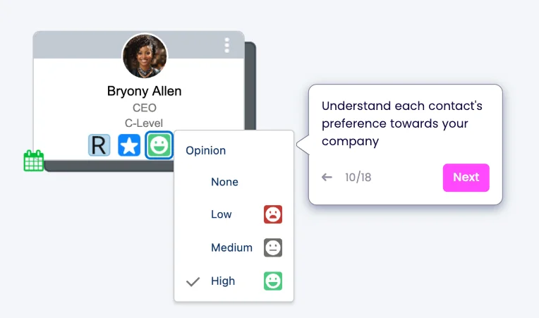OrgChartPlus contact card with a buyer-opinion selector showing low, medium and high sentiment.