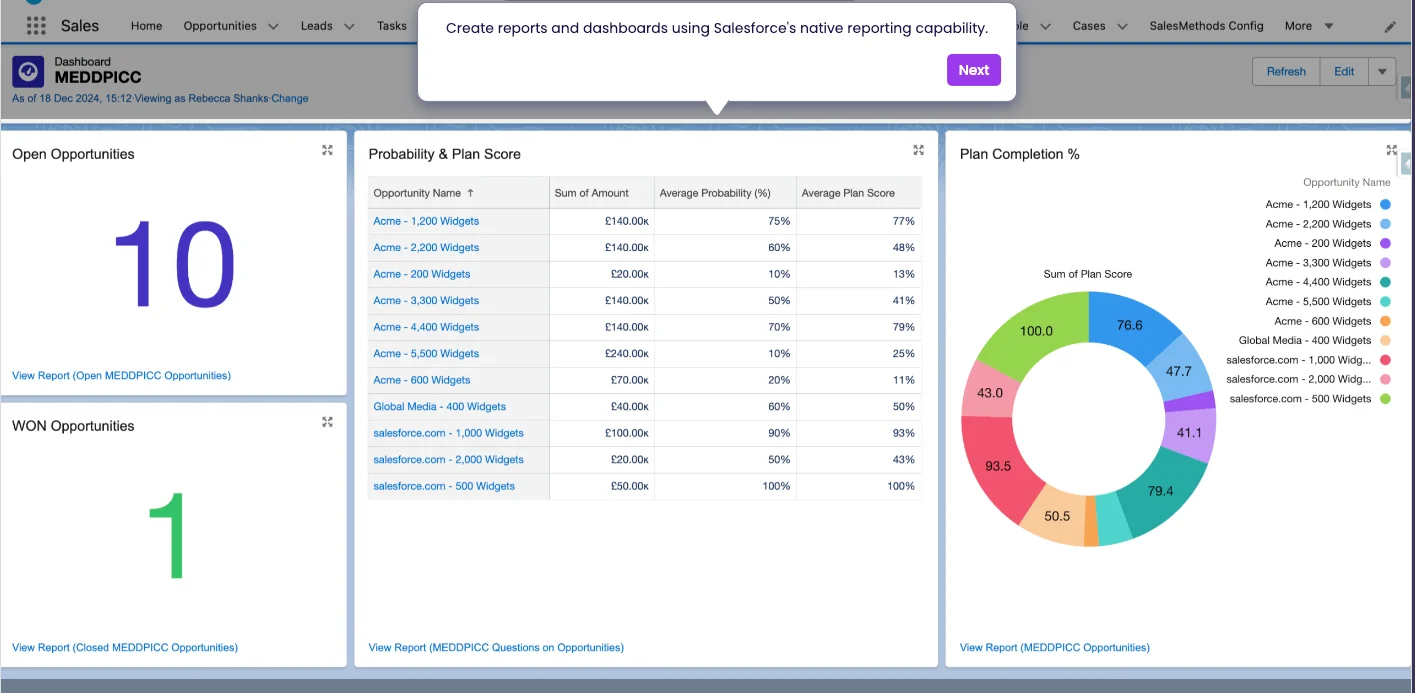 Salesforce MEDDPICC® dashboard showing open and won opportunities, plan scores and completion.